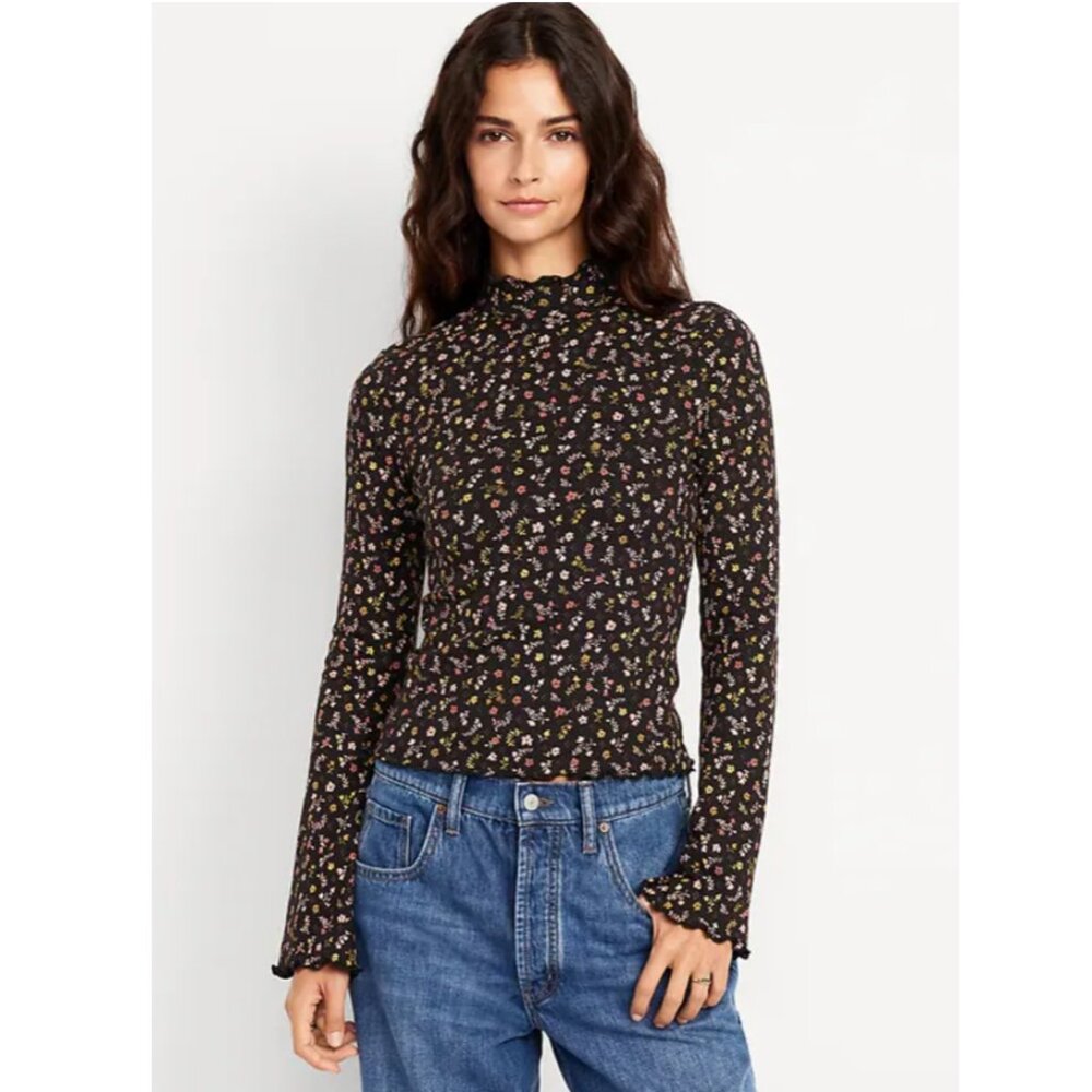 Old Navy Mock-Neck Lettuce-Edge Rib Top Ditsy Floral Black Size Large